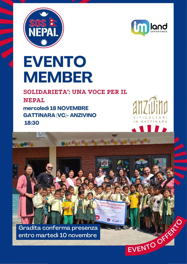 Locandina: Evento Member, Solidarietà: una voce per il Nepal, mercoledì 18 novembre alle 18:30 da Anzivino a Gattinara. Foto dei volontari di SOS Nepal con i bambini di una scuola nepalese. Evento offerto.